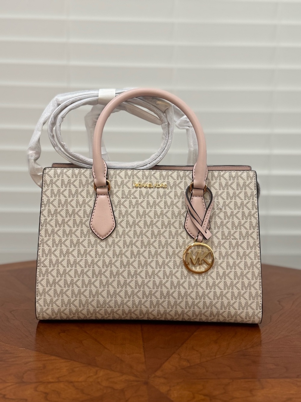 Michael Kors Cream Signature Satchel with Pink Trim